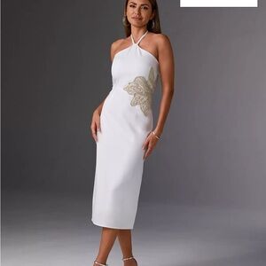 Boston Proper White Midi Dress with Gold Detailing